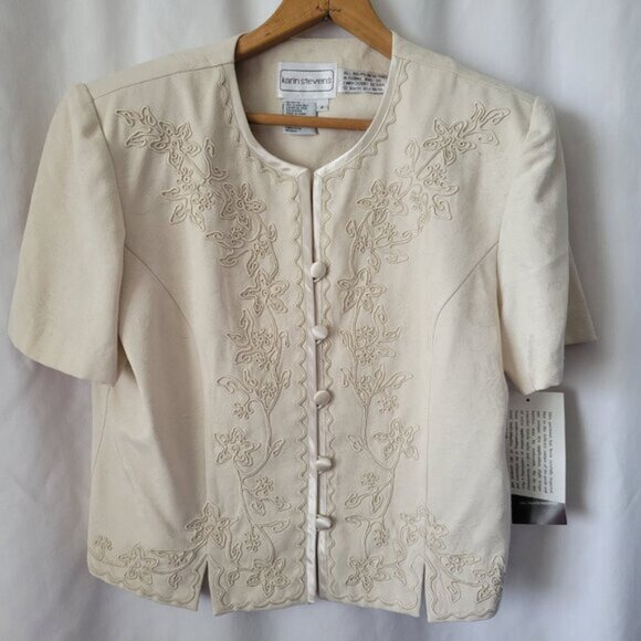 Vintage Karin Stevens 2 pc Pant Suit Sz 8 Rayon Poly Beige Embroidered NOS NWT - Picture 3 of 15